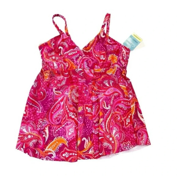 Swim Solutions Underwire V Neck Paisley Tankini Swim Top Pink Size 10 NWT - Picture 4 of 11
